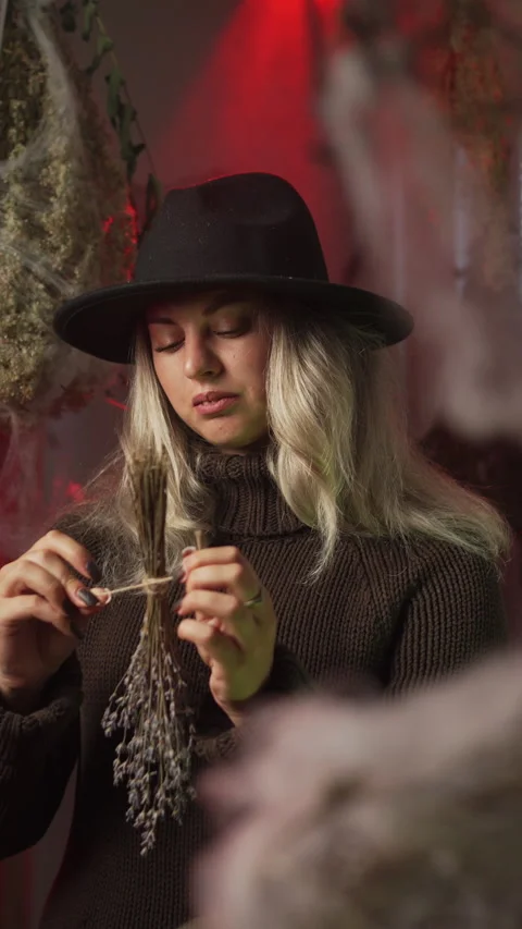 A modern witch at home, amidst cobwebs and dried herbs, prepares a poison o.. 動画素材 345428932