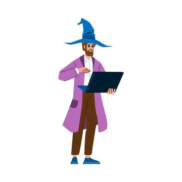 Modern wizard using laptop for online spell casting and digital magic Stock Illustration