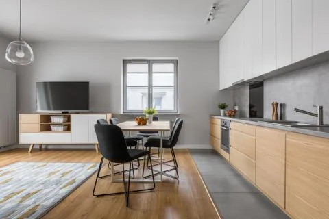 Modern wood kitchen with table Stock Photos