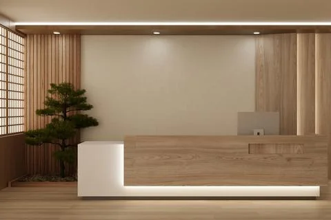 Modern wood reception desk pine tree panels soft underlighting lobby Stock Illustration
