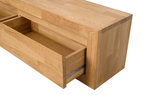 Modern wooden console table with open drawer Stock Photos
