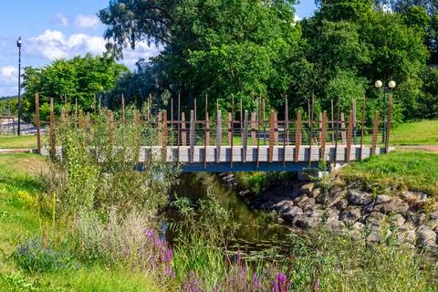 Modern wooden footbridge over stream in green summer park Stock Photos