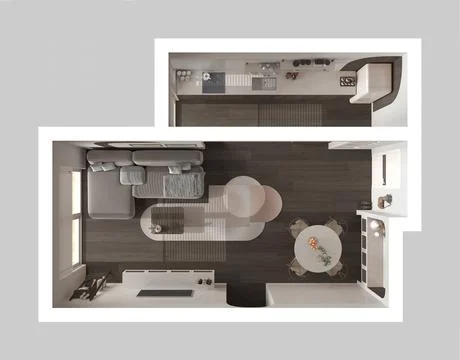 Modern wooden kitchen, dining and living room in dark tones, sofa with carpet Stock Illustration