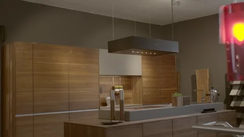 Modern Wooden Kitchen Interior With Glowing Red Light Object, Studio Render Stock Footage 341392076