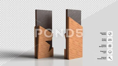 Modern Wooden Star Trophy with Metal Top Abstract 3D Render PSD Template