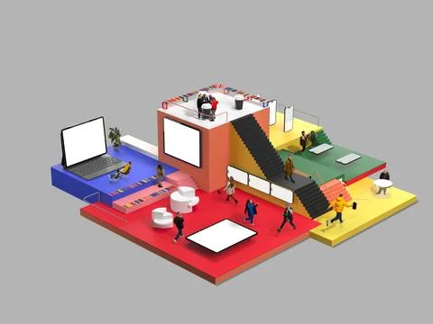 Modern Work Ecosystem. Unique, multileveled office space with distinct color Stock-Fotos