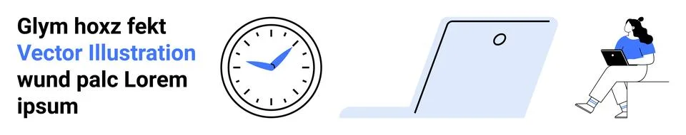 Modern Work-from-Home Concept Featuring Clock, Laptop, and Person Sitting w.. Stock Illustration