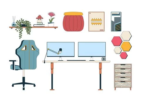 Modern work-from-home office setup 2D cartoon objects set Illustrazione stock