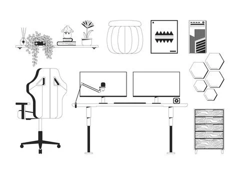 Modern work-from-home office setup 2D line objects set Illustrazione stock