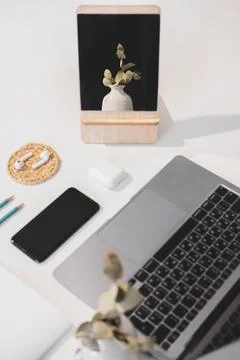 Modern work place with digital gadgets, top view. Laptop compute Stock Photos