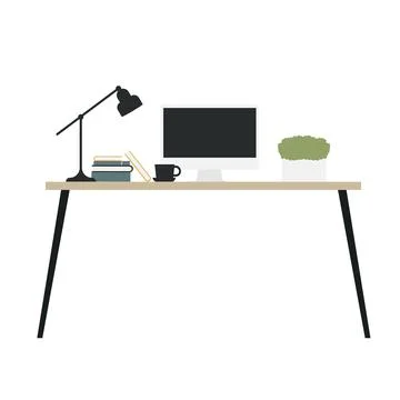 Modern work table with computer, lamp and books, furniture interior decor design Stock Illustration