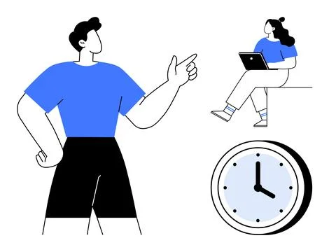 Modern Worker Directing, Colleague Working on Laptop, and Analog Clock for .. イラスト素材