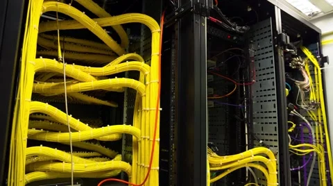 Modern Working Data Center Servers With Yellow Cable - Tilt Down 库存影片 58848309