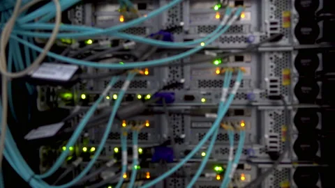 Modern working data servers with flashing LED lights. Blurred background Video stock 99486952
