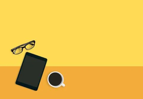 Modern working space concept. Coffee break concept. Tablet, eyeglasses Foto stock