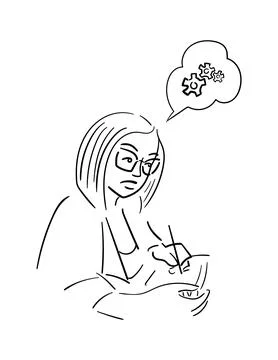 Modern working woman. Work process concept, reflections. Girl in glasses. Back Illustrazione stock