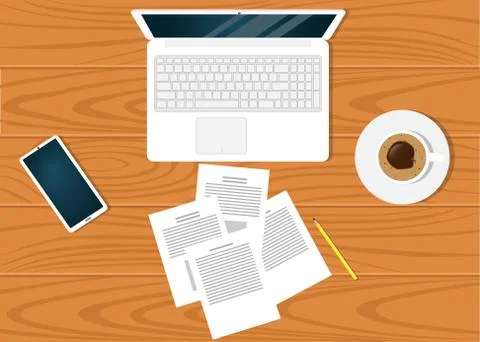 Modern workplace on on beautiful wooden table surface, top view. Laptop, docu Stock Illustration