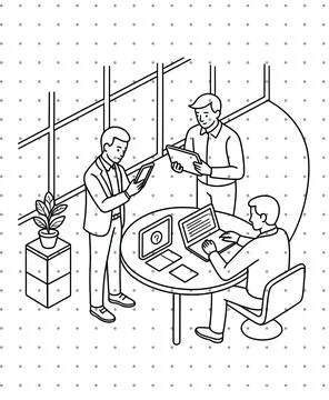 Modern workplace corporate partnership concept vector featuring businessmen usin Stock Illustration