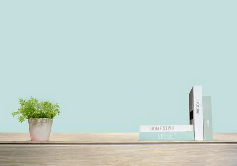 Modern workplace with creative desk on blue wall. Stock Photos