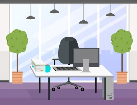 Modern workplace flat design. Office chair and office desk with a computer in イラスト素材