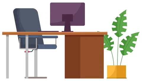 Modern workplace flat design. Office chair and office desk with a computer Stock Illustration