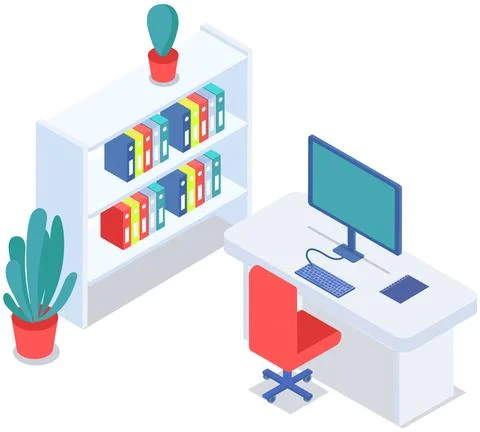 Modern workplace flat design. Office chair and office desk with stack of books 스톡 일러스트