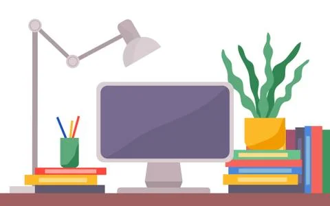 Modern workplace flat design, school desk, student table with a computer monitor Ilustración de archivo