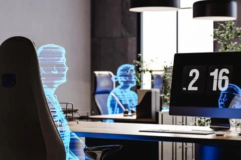 Modern workplace with human holograms sitting on chairs, AI concept. 3d render Stock Illustration