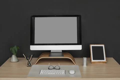 Modern workplace interior with computer on table. Space for text Stock-Fotos