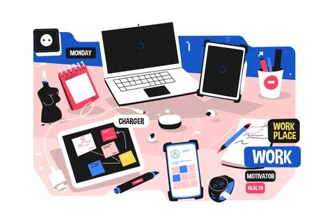 Modern workplace with laptop tablets Stock Illustration