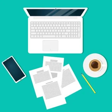 Modern workplace office worker, freelancer, businessman, top view. Laptop, do Stock Illustration
