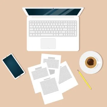 Modern workplace office worker, freelancer, businessman, top view. Laptop, do Stock Illustration