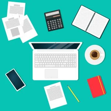 Modern workplace office worker, freelancer, businessman, analyst, top view. L Illustrazione stock
