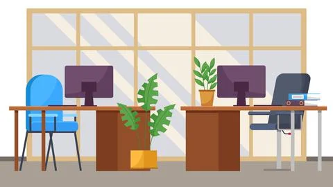 Modern workplace space for two workers. Office chair and desk with computer in Stock Illustration