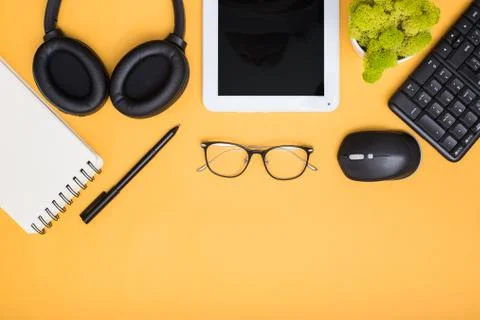 Modern workplace, top view. Flat lay composition Stock Photos