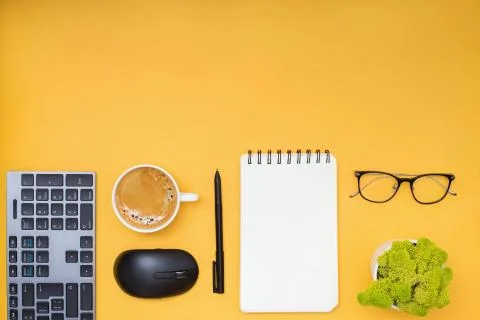 Modern workplace, top view. Flat lay composition Stock Photos