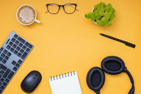 Modern workplace, top view. Flat lay composition Stock Photos