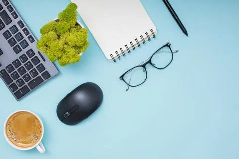 Modern workplace, top view. Flat lay composition Stock Photos