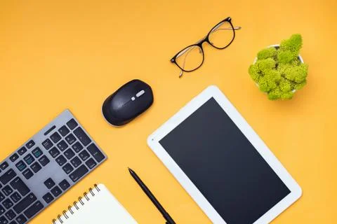 Modern workplace, top view. Flat lay composition Stock Photos