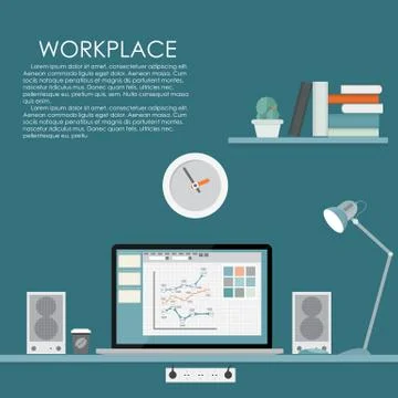 Modern Workplace. Vector illustration. Flat Computing Background Stock-Illustration
