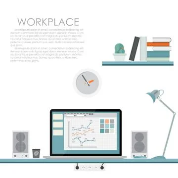 Modern Workplace. Vector illustration. Flat Computing Background Stock Illustration