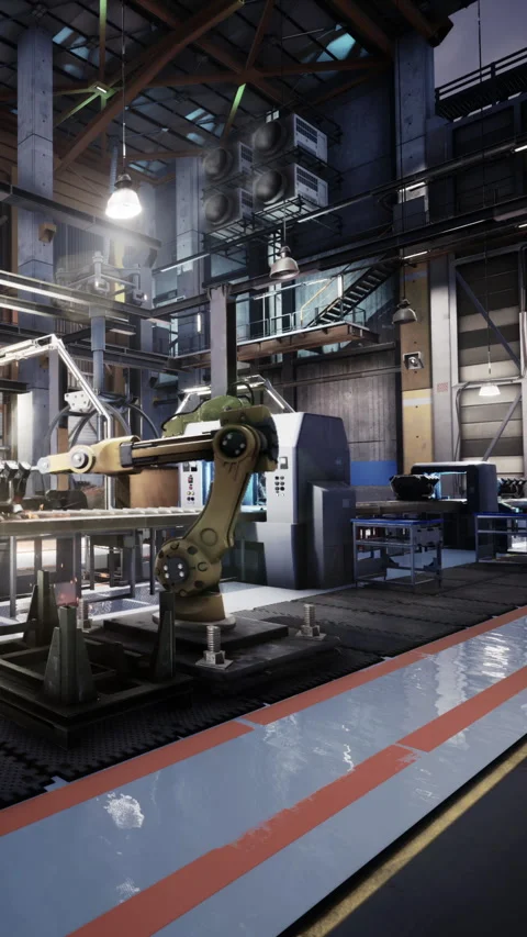 Modern workshop with robotic arm and workstations in a factory setting Stock Footage 340637828