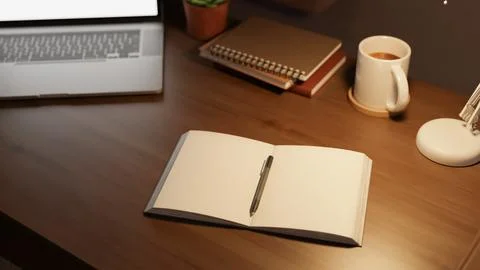 Modern workspace with blank notebook, laptop and coffee on wooden desk Stock Illustration