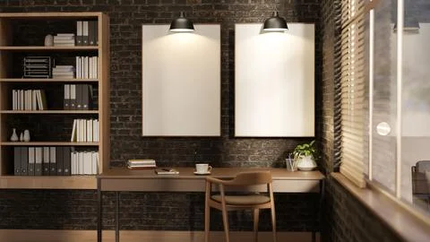 Modern Workspace with Blank Posters on Brick Wall Interior Stock Illustration