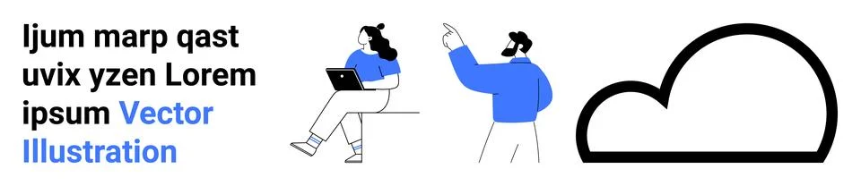 Modern Workspace with Cloud Integration and Two Characters Collaborating イラスト素材