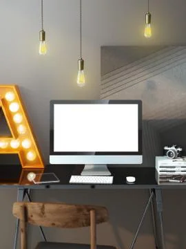 Modern workspace with computer and bulbs Illustrazione stock