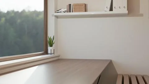 Modern workspace corner with a wooden table and bench by window and hanging.. Stock Illustration