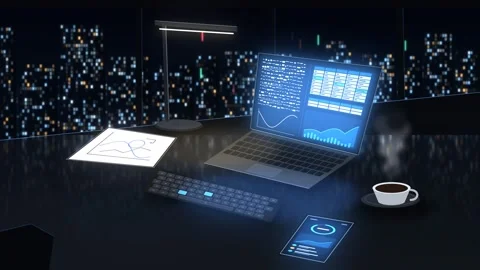 Modern workspace desk setup with laptop, tablet Stock Footage 347257285