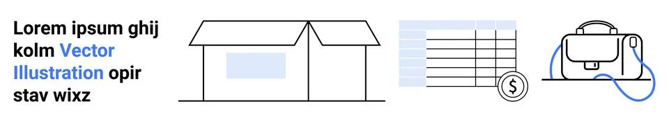 Modern Workspace Essentials Box, Spreadsheet, Coin, and Bag Graphics in Sim.. Illustrazione stock