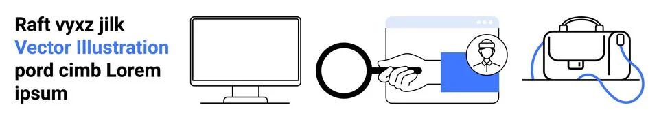 Modern Workspace Icons Including Computer, Magnifying Glass, Clock Interfac.. 库存插图